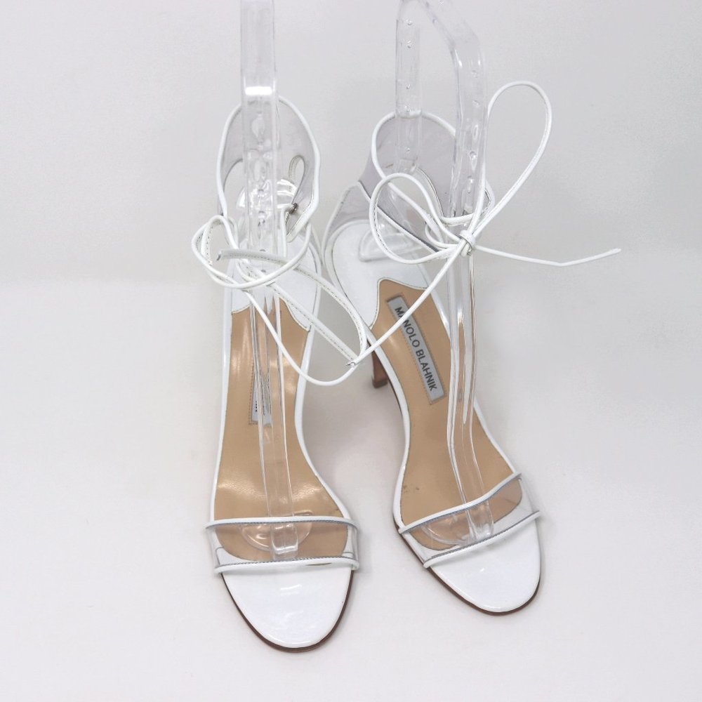37.5 Manolo Clear PVC Ankle Tie Strap Sandals - Picture 3 of 8